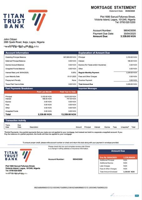 Download Nigeria Titan Trust Bank mortgage statement Word and PDF template Photoshop template